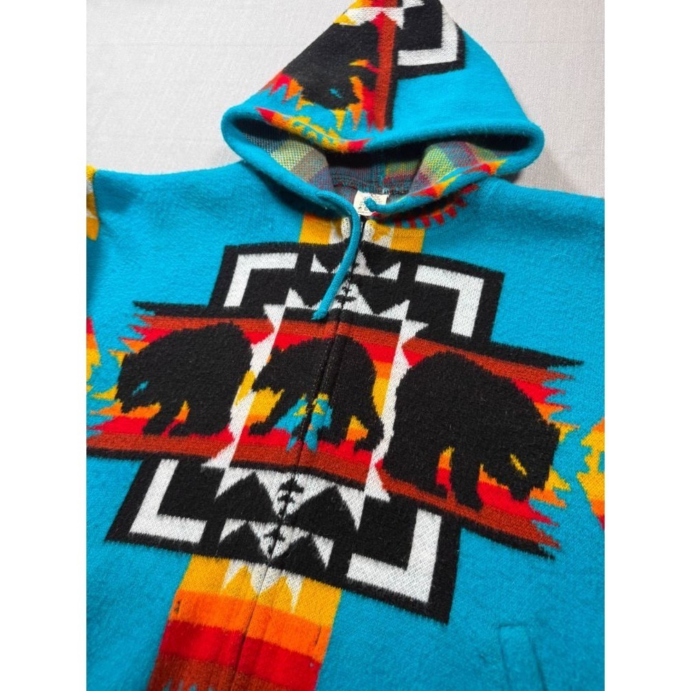 Vintage 90s Southwestern Bear Fleece Hoodie Turquoise Aztec 90s Zip Size Small